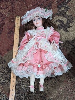 Porcelain Fashion Doll in Pink Lace Outfit - Classic Decorative Doll